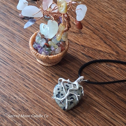 Dalmatian Jasper Tree Branch Wrapped Heart Stone Pendant Necklace