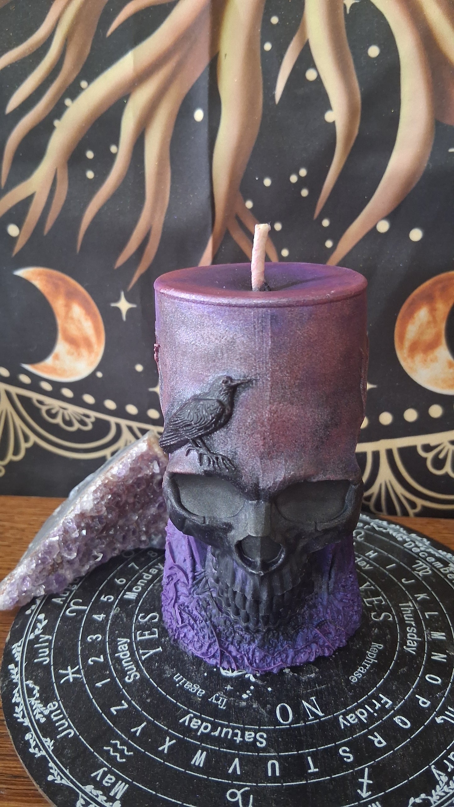Pink, Purple, and Black Nightshade Elixir Skull and Raven Pillar Candle
