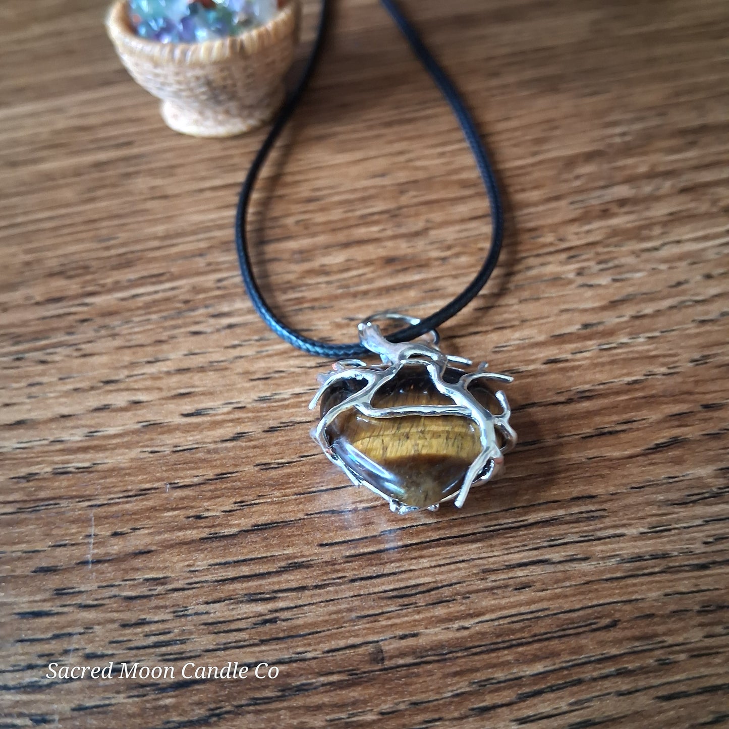 Tigers Eye Tree Branch Wrapped Heart Stone Pendant Necklace