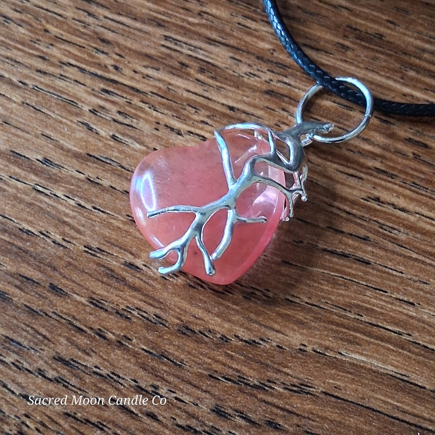 Cherry Quartz Tree Branch Wrapped Heart Stone Pendant Necklace