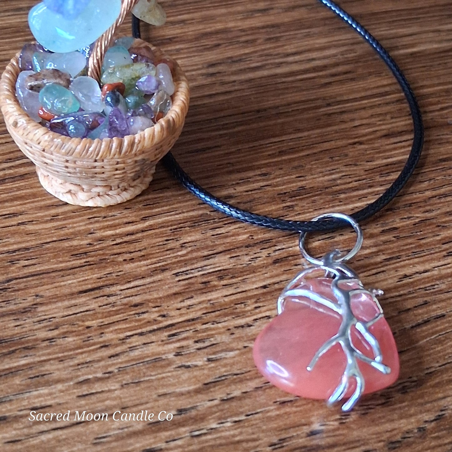 Cherry Quartz Tree Branch Wrapped Heart Stone Pendant Necklace