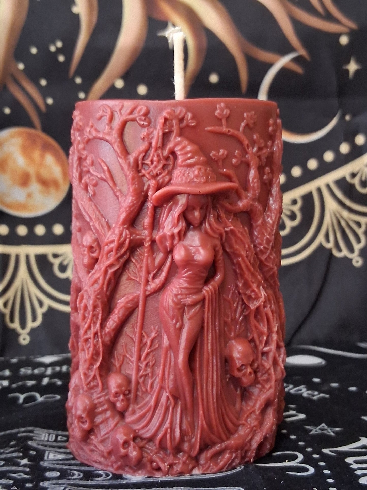 Siren's Blossom Brick Red Witch Pillar Candle Style 2