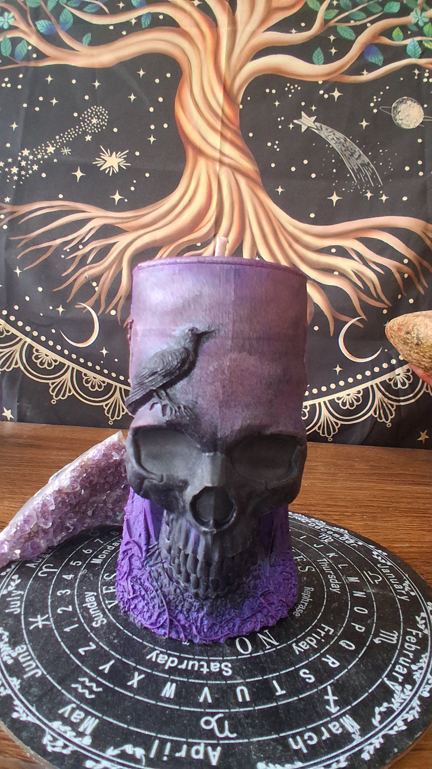 Pink, Purple, and Black Nightshade Elixir Skull and Raven Pillar Candle