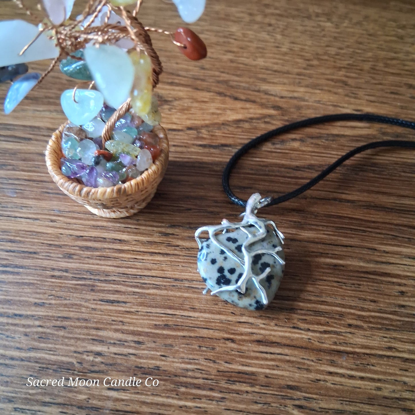 Dalmatian Jasper Tree Branch Wrapped Heart Stone Pendant Necklace