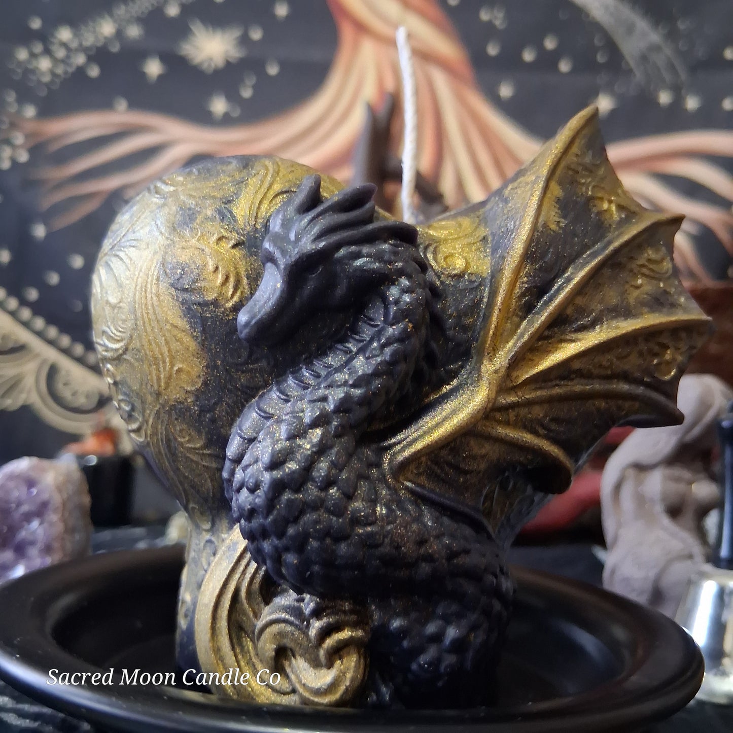 Black and Gold Mystical Dragon Heart Pillar Candle