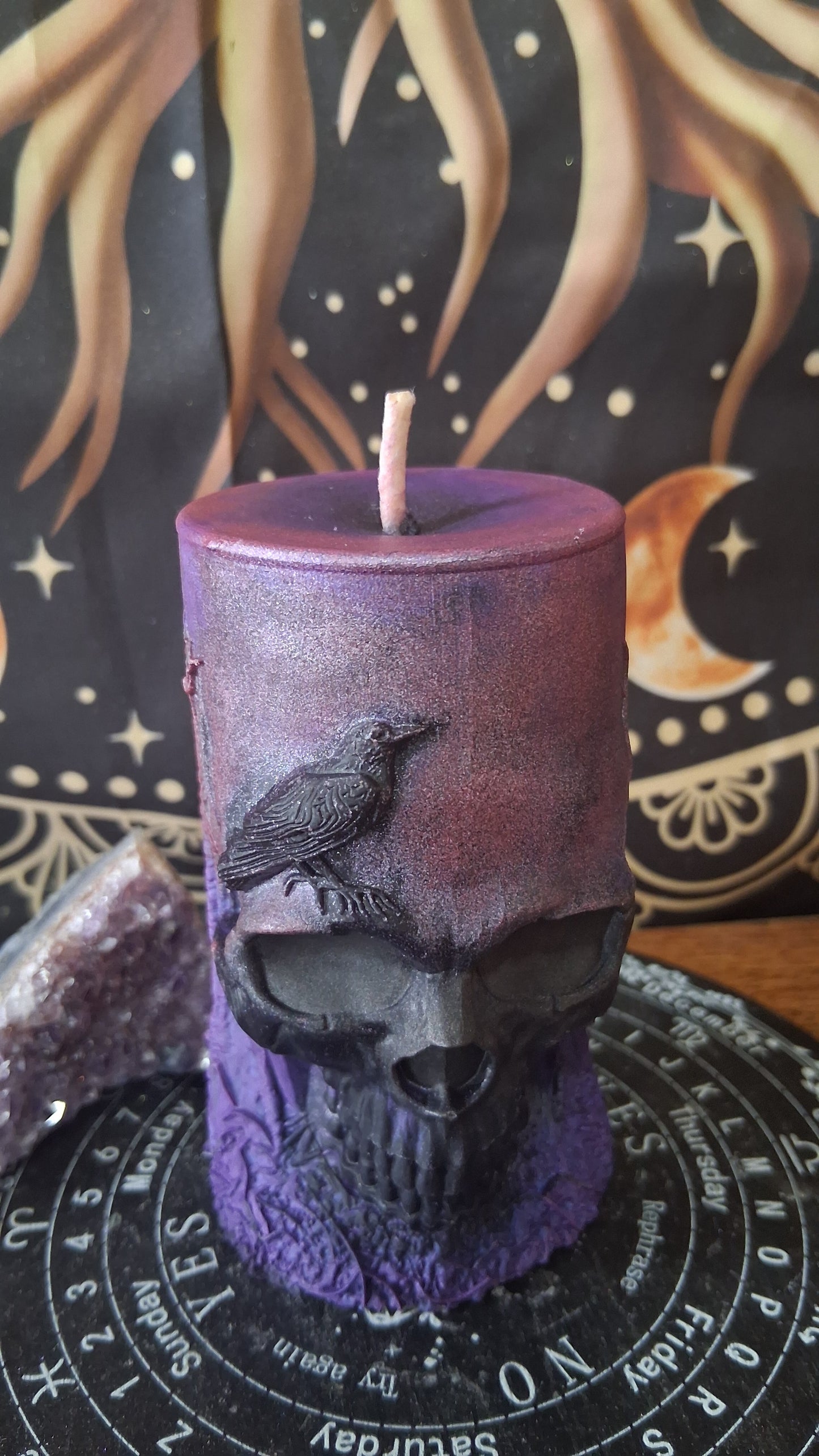 Pink, Purple, and Black Nightshade Elixir Skull and Raven Pillar Candle