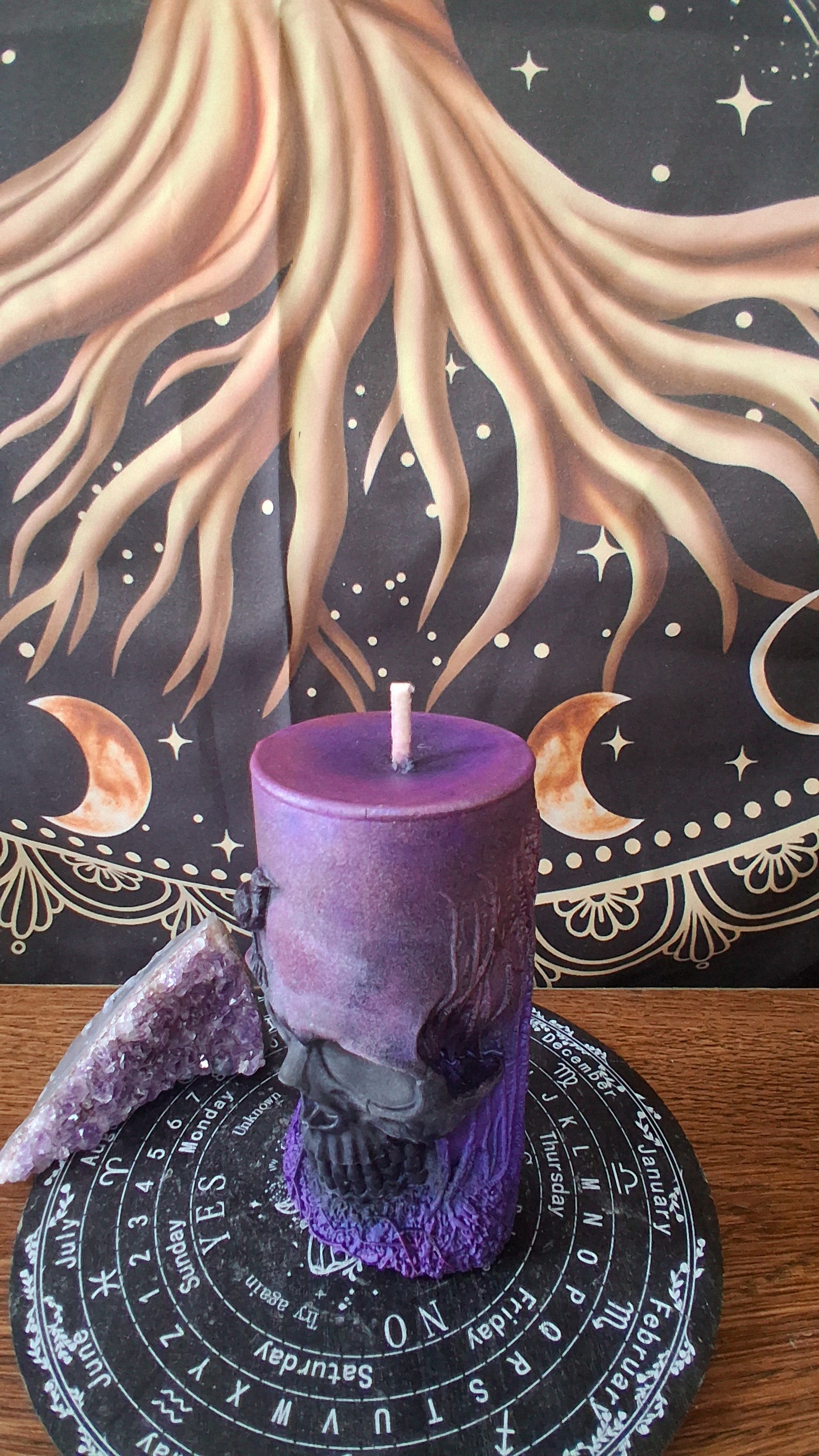 Pink, Purple, and Black Nightshade Elixir Skull and Raven Pillar Candle