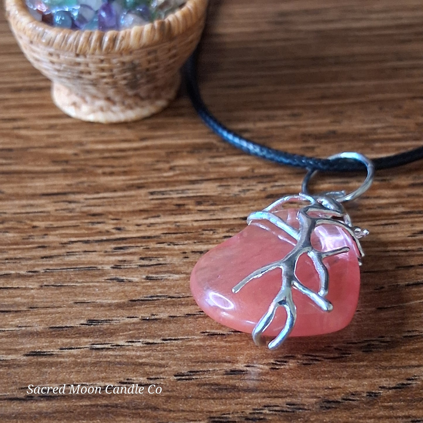 Cherry Quartz Tree Branch Wrapped Heart Stone Pendant Necklace