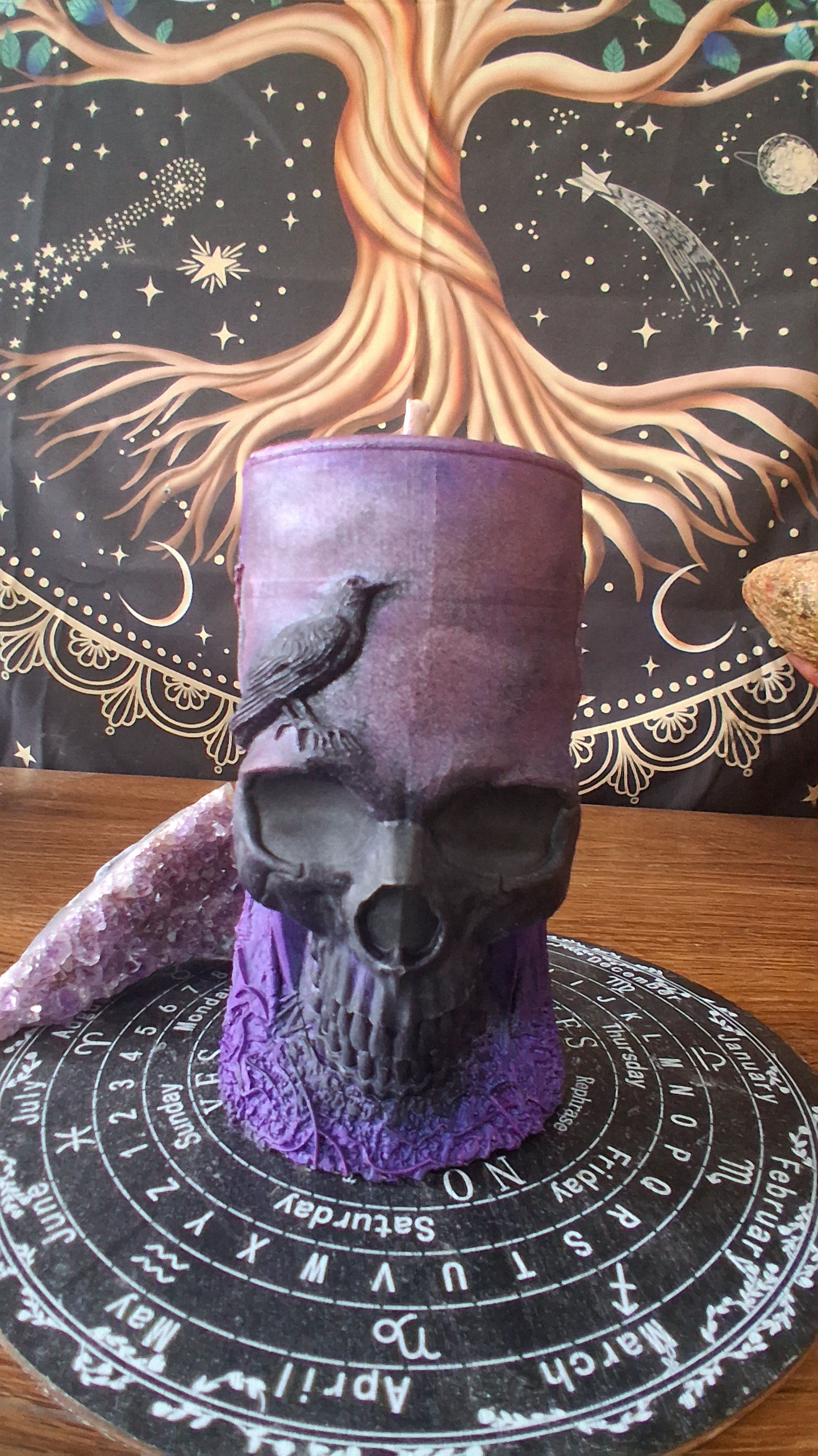 Pink, Purple, and Black Nightshade Elixir Skull and Raven Pillar Candle