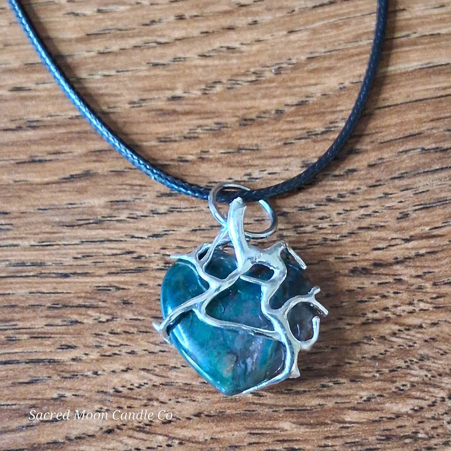 Moss Agate Heart Stone Tree Wrapped Pendant Necklace