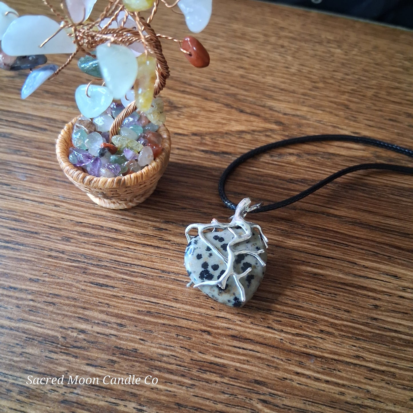Dalmatian Jasper Tree Branch Wrapped Heart Stone Pendant Necklace