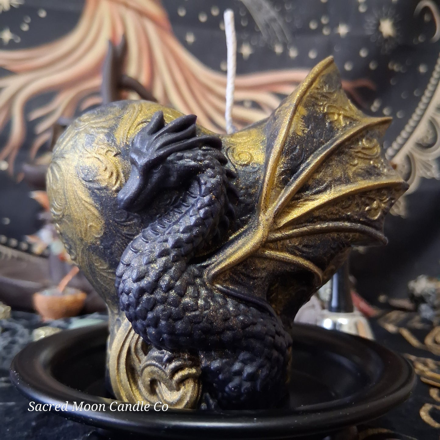 Black and Gold Mystical Dragon Heart Pillar Candle