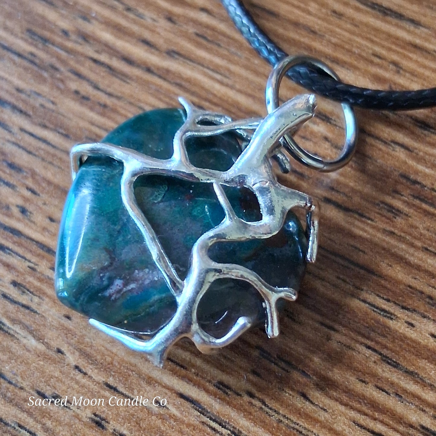 Moss Agate Heart Stone Tree Wrapped Pendant Necklace