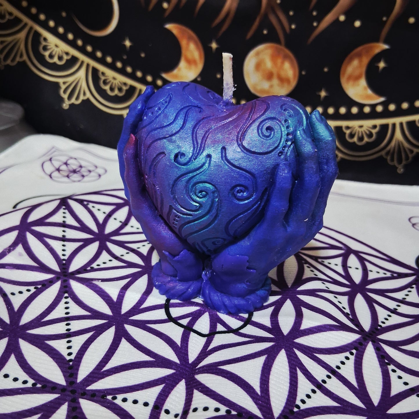 Celestial Embrace Flaming Heart in Hands Candle
