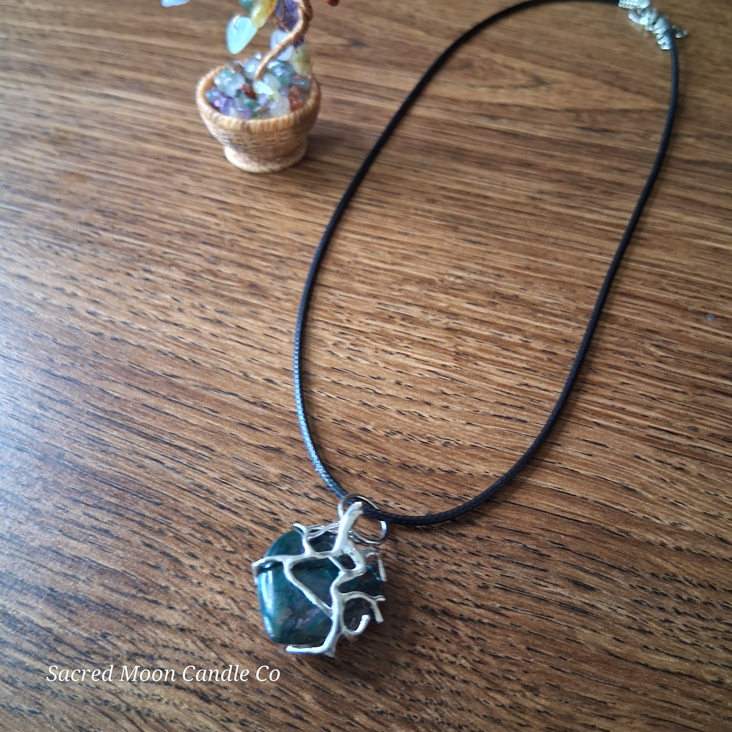 Moss Agate Heart Stone Tree Wrapped Pendant Necklace