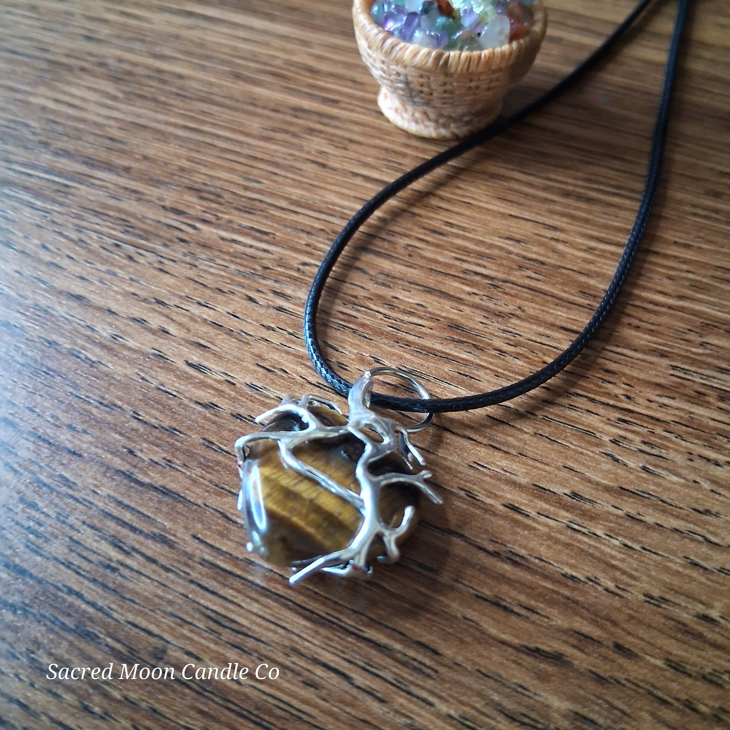 Tigers Eye Tree Branch Wrapped Heart Stone Pendant Necklace