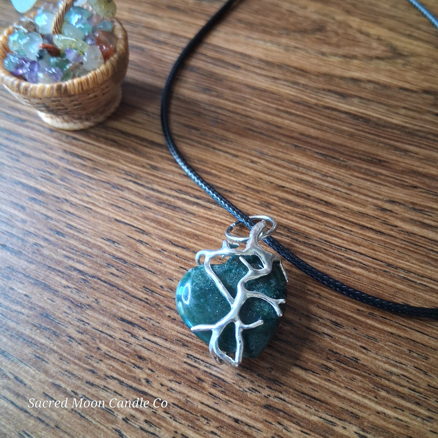 Moss Agate Heart Stone Tree Wrapped Pendant Necklace