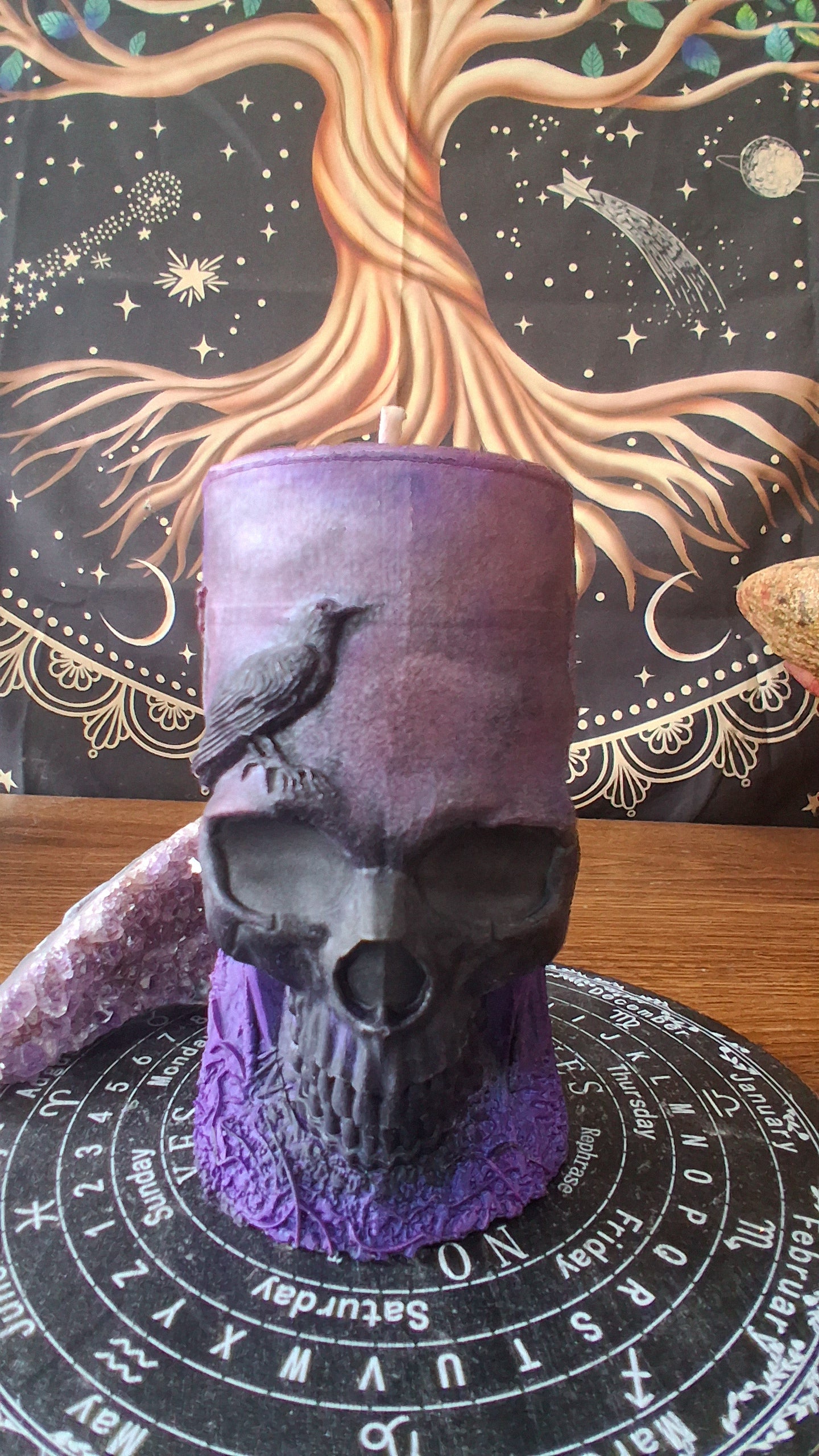 Pink, Purple, and Black Nightshade Elixir Skull and Raven Pillar Candle