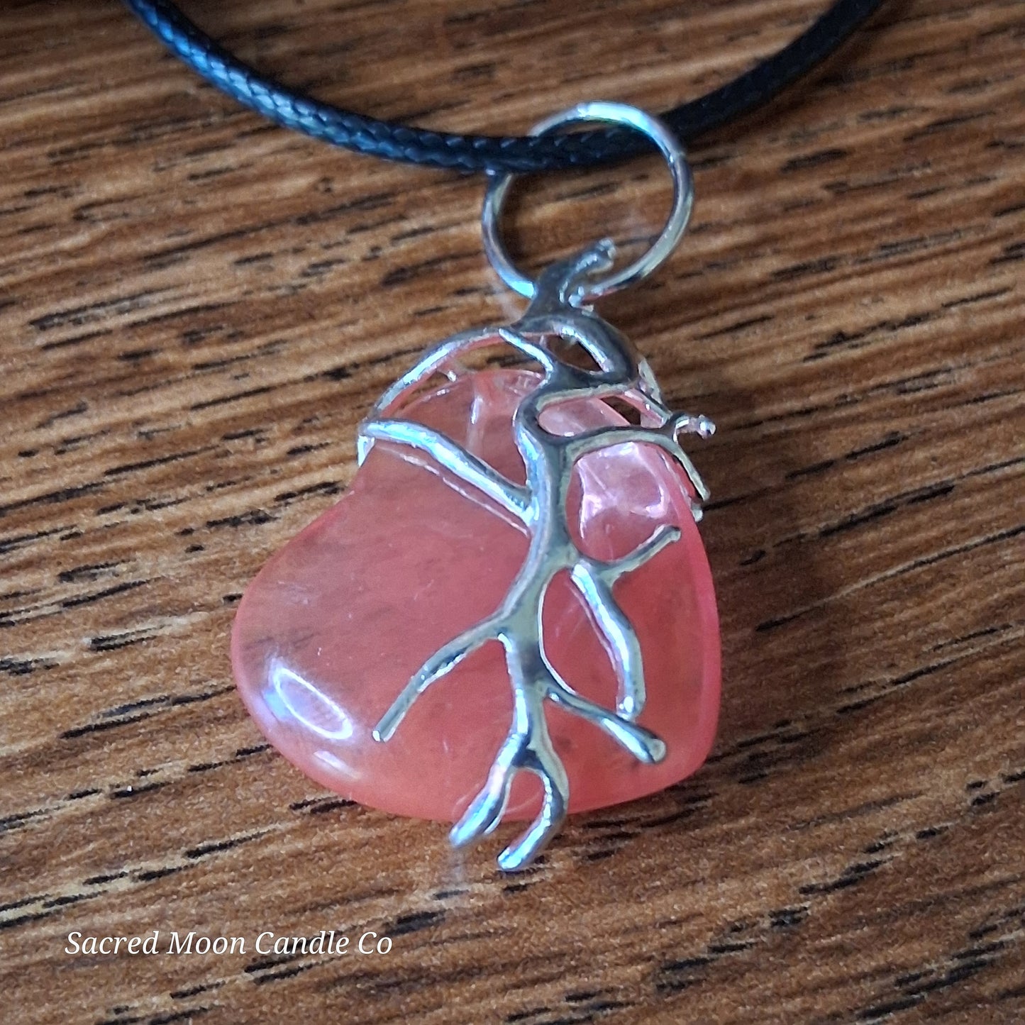 Cherry Quartz Tree Branch Wrapped Heart Stone Pendant Necklace