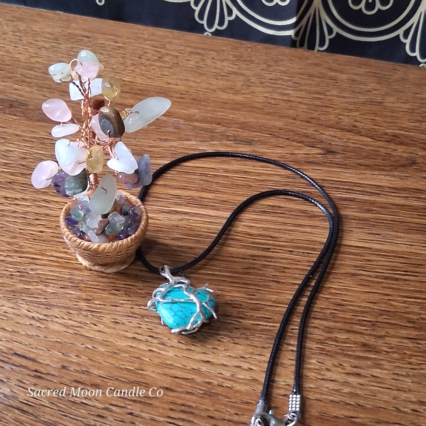 Turquoise Tree Branch Wrapped Heart Stone Pendant Necklace