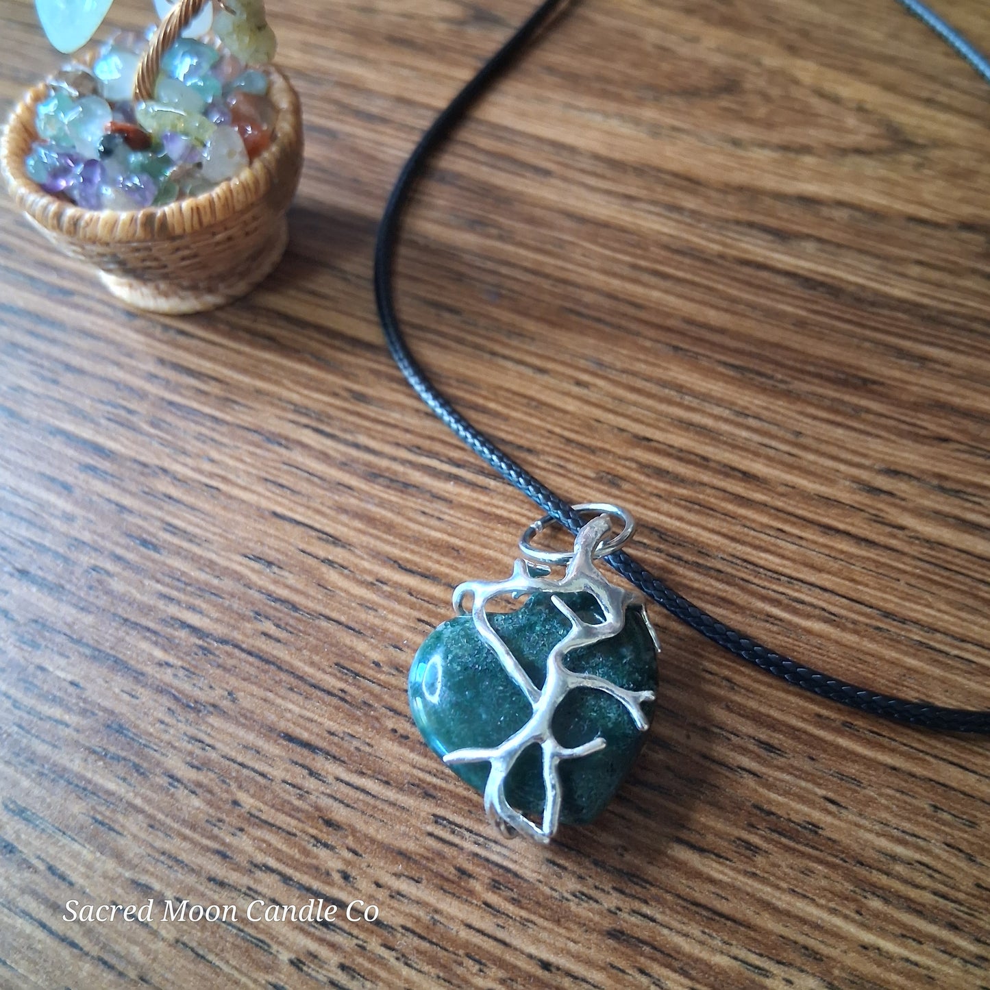 Moss Agate Heart Stone Tree Wrapped Pendant Necklace