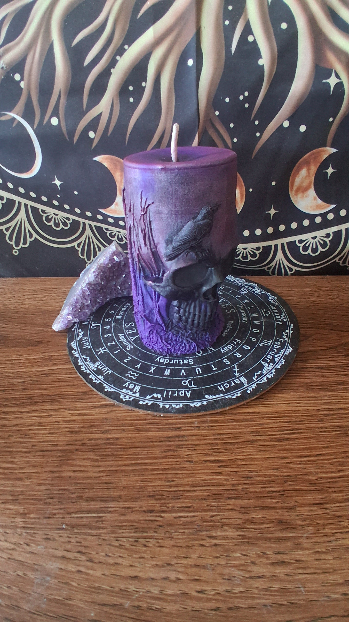 Pink, Purple, and Black Nightshade Elixir Skull and Raven Pillar Candle