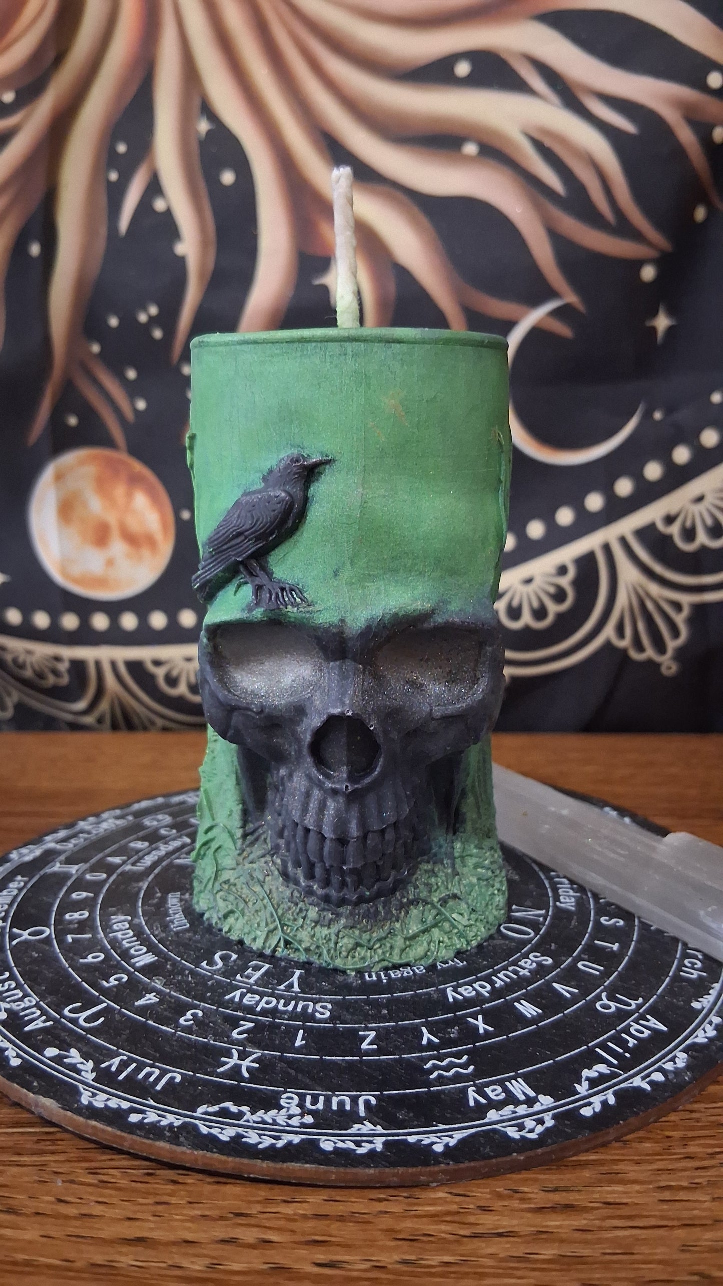 Green and Black Nightshade Elixir Skull and Raven Pillar Candle