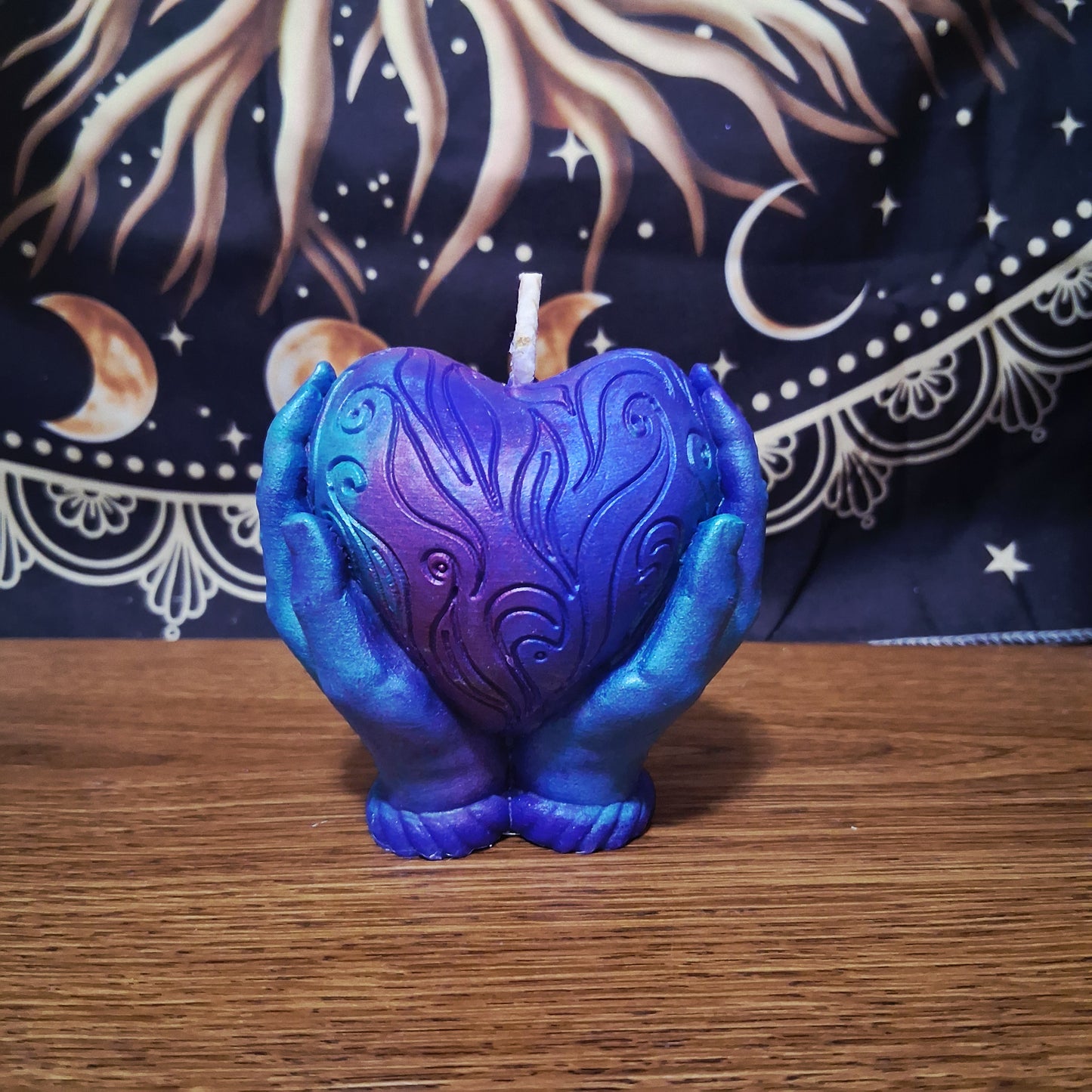 Celestial Embrace Flaming Heart in Hands Candle