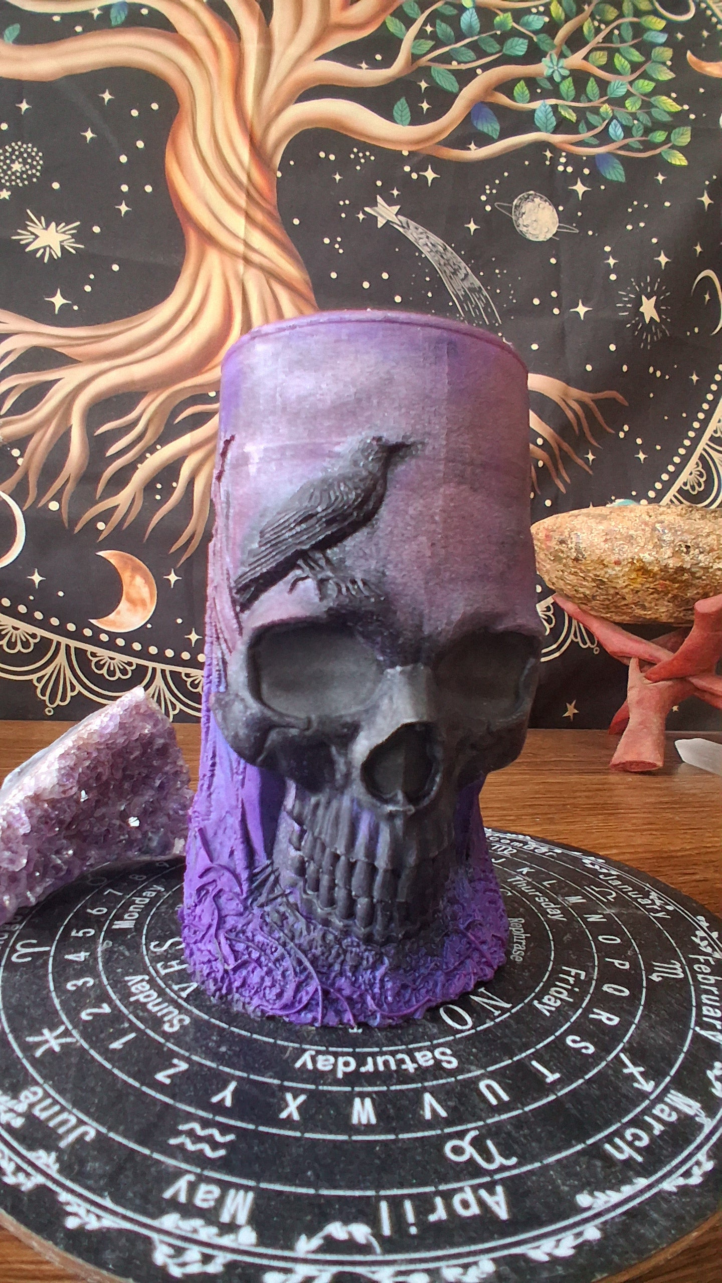 Pink, Purple, and Black Nightshade Elixir Skull and Raven Pillar Candle