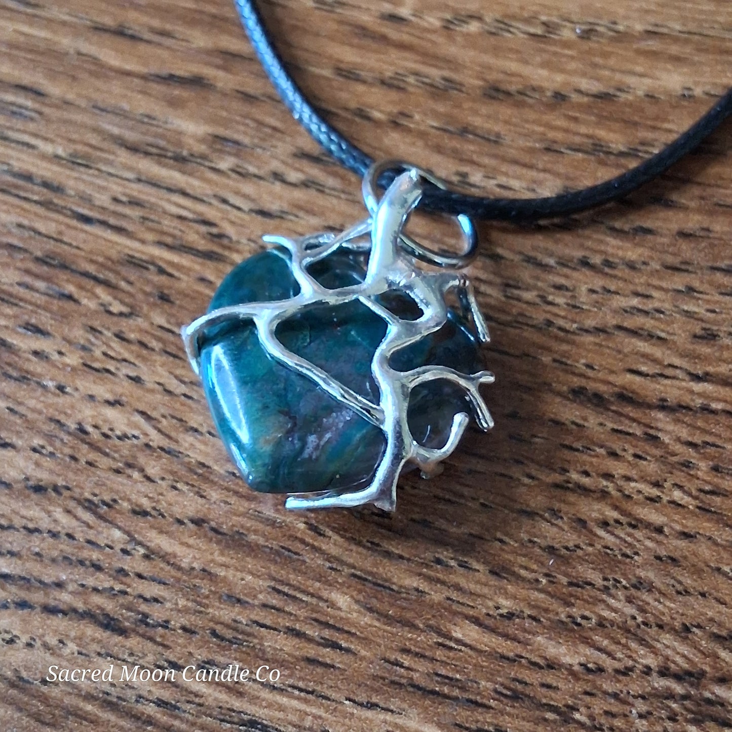 Moss Agate Heart Stone Tree Wrapped Pendant Necklace