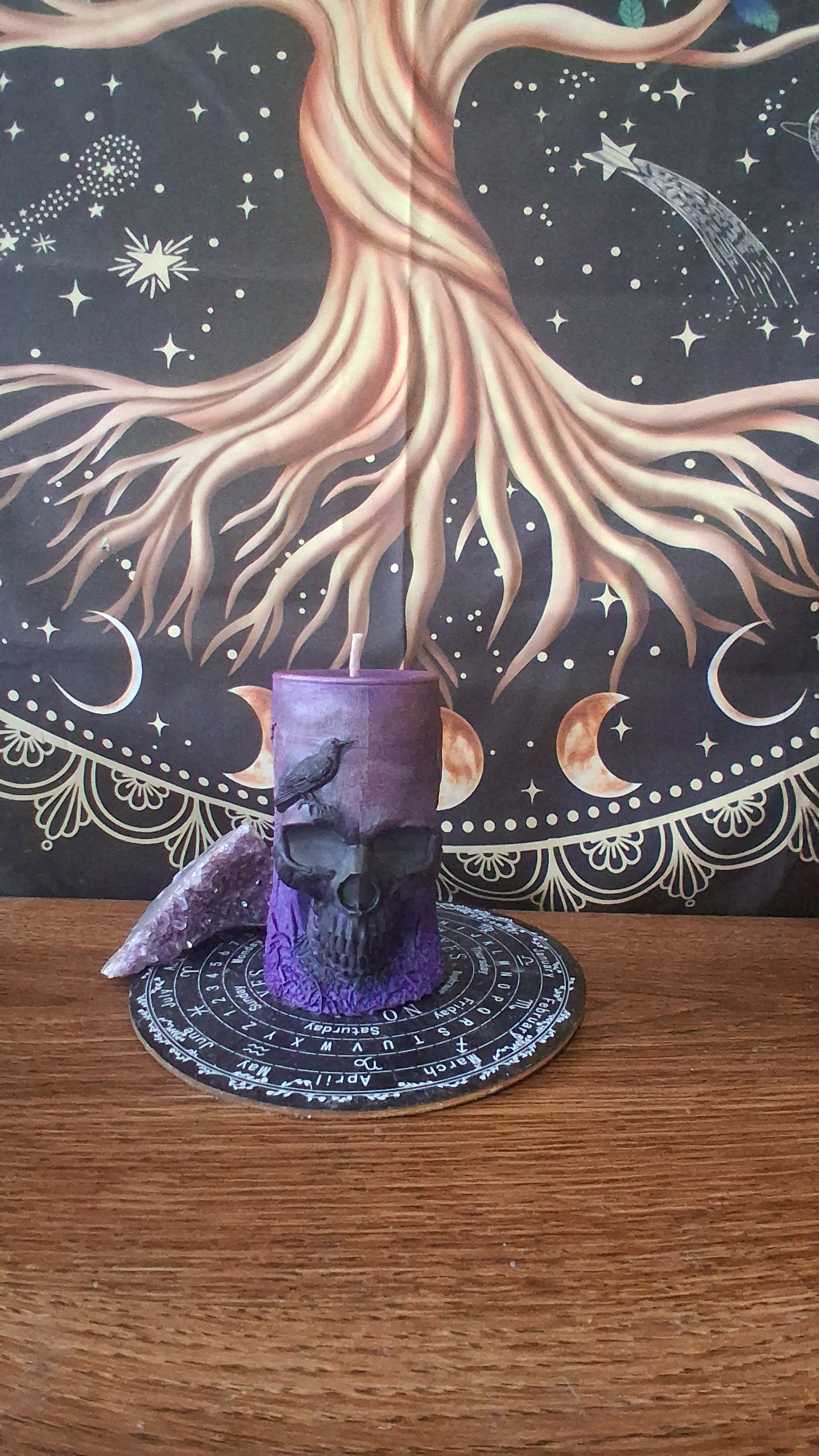 Pink, Purple, and Black Nightshade Elixir Skull and Raven Pillar Candle