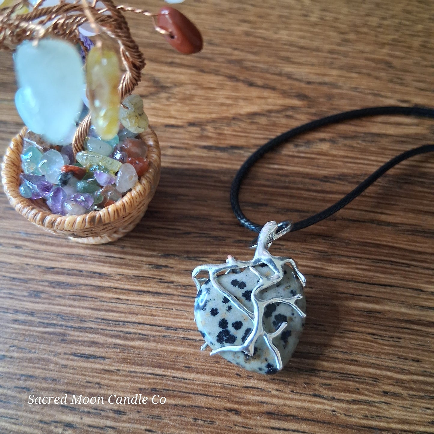 Dalmatian Jasper Tree Branch Wrapped Heart Stone Pendant Necklace