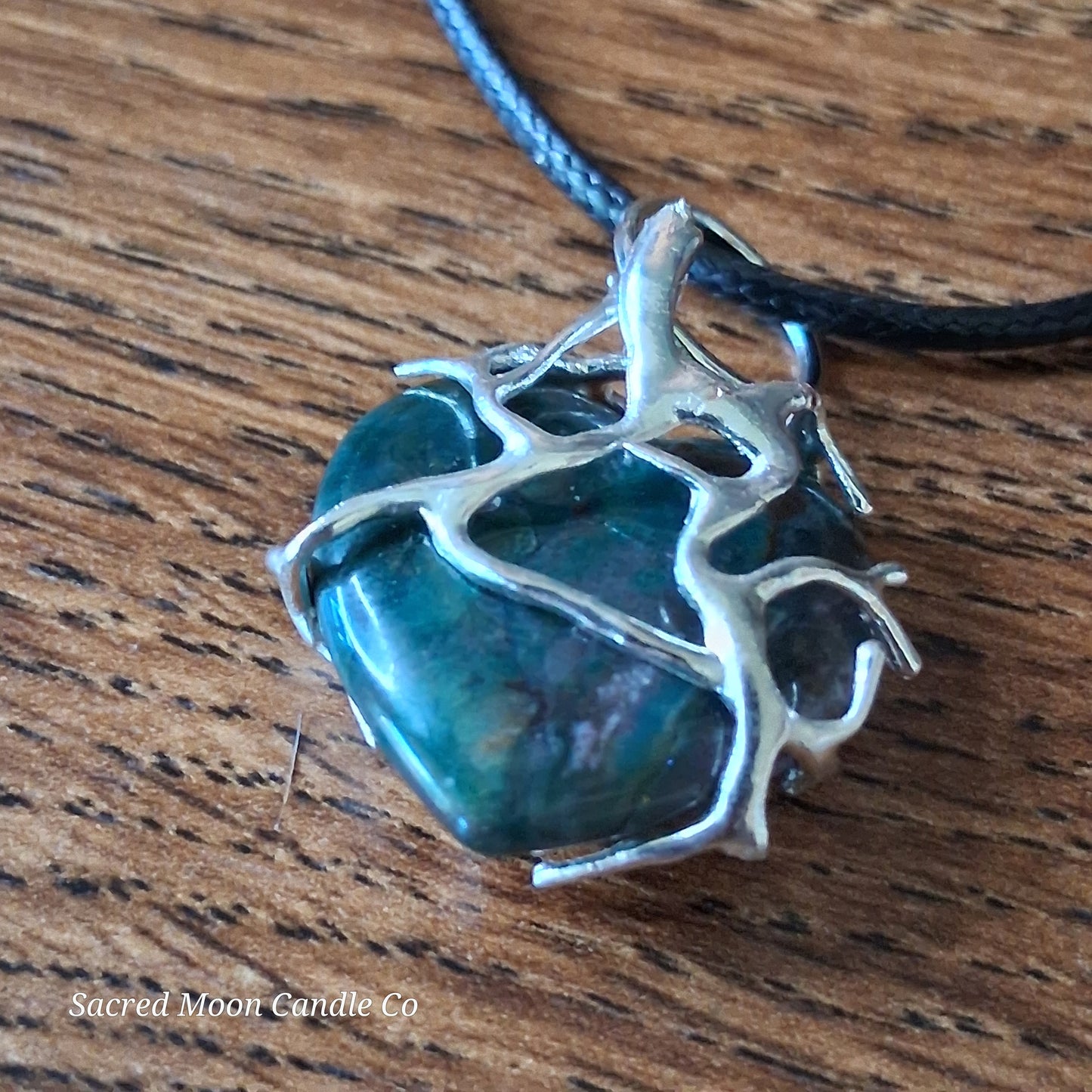 Moss Agate Heart Stone Tree Wrapped Pendant Necklace