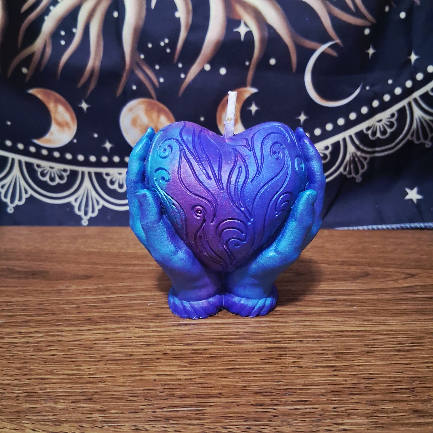 Celestial Embrace Flaming Heart in Hands Candle
