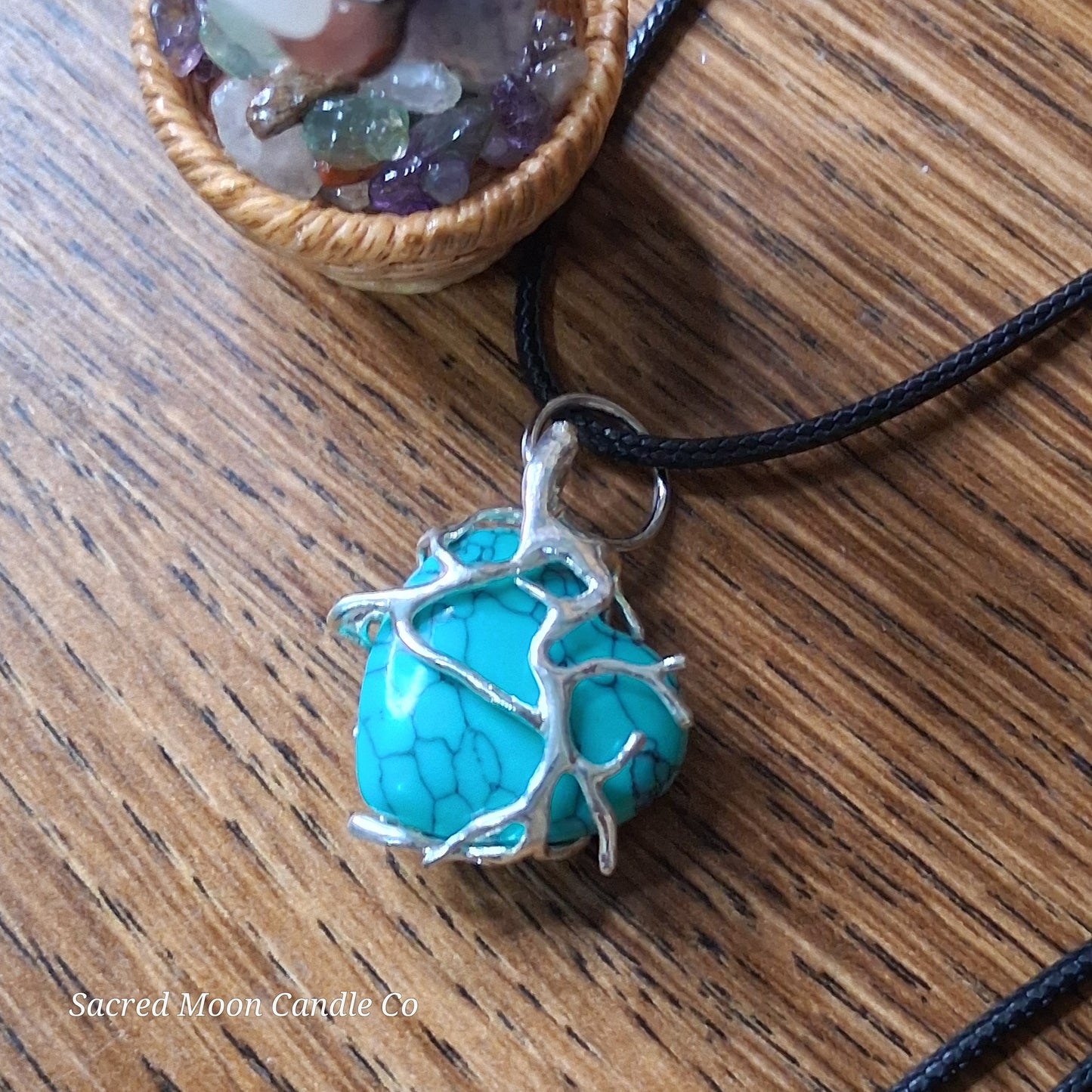 Turquoise Tree Branch Wrapped Heart Stone Pendant Necklace