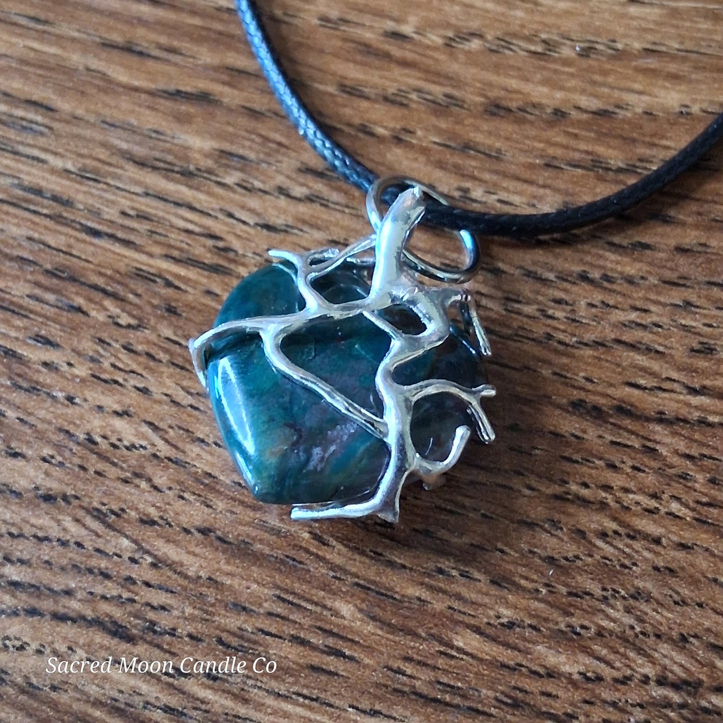 Moss Agate Heart Stone Tree Wrapped Pendant Necklace