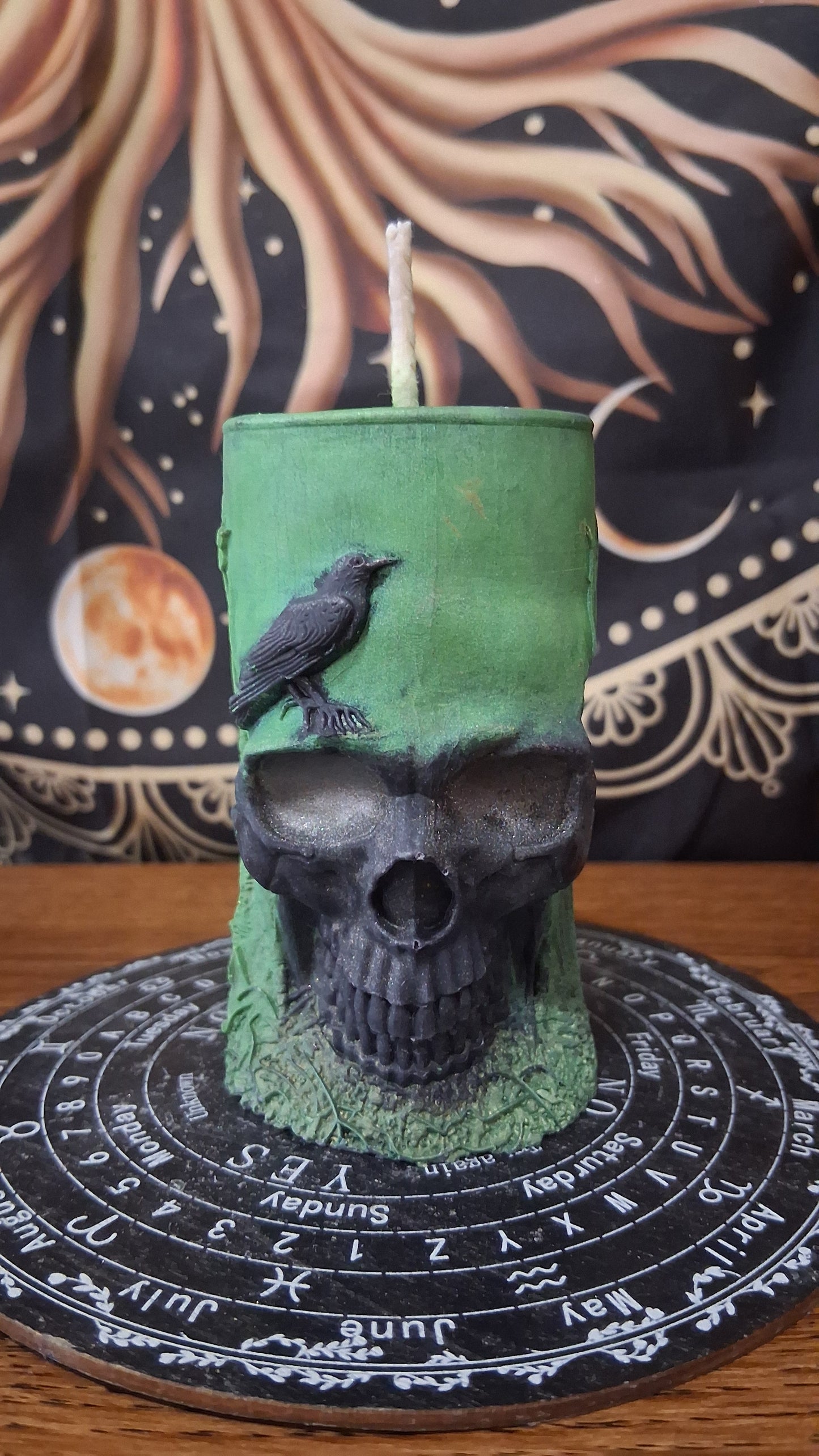 Green and Black Nightshade Elixir Skull and Raven Pillar Candle