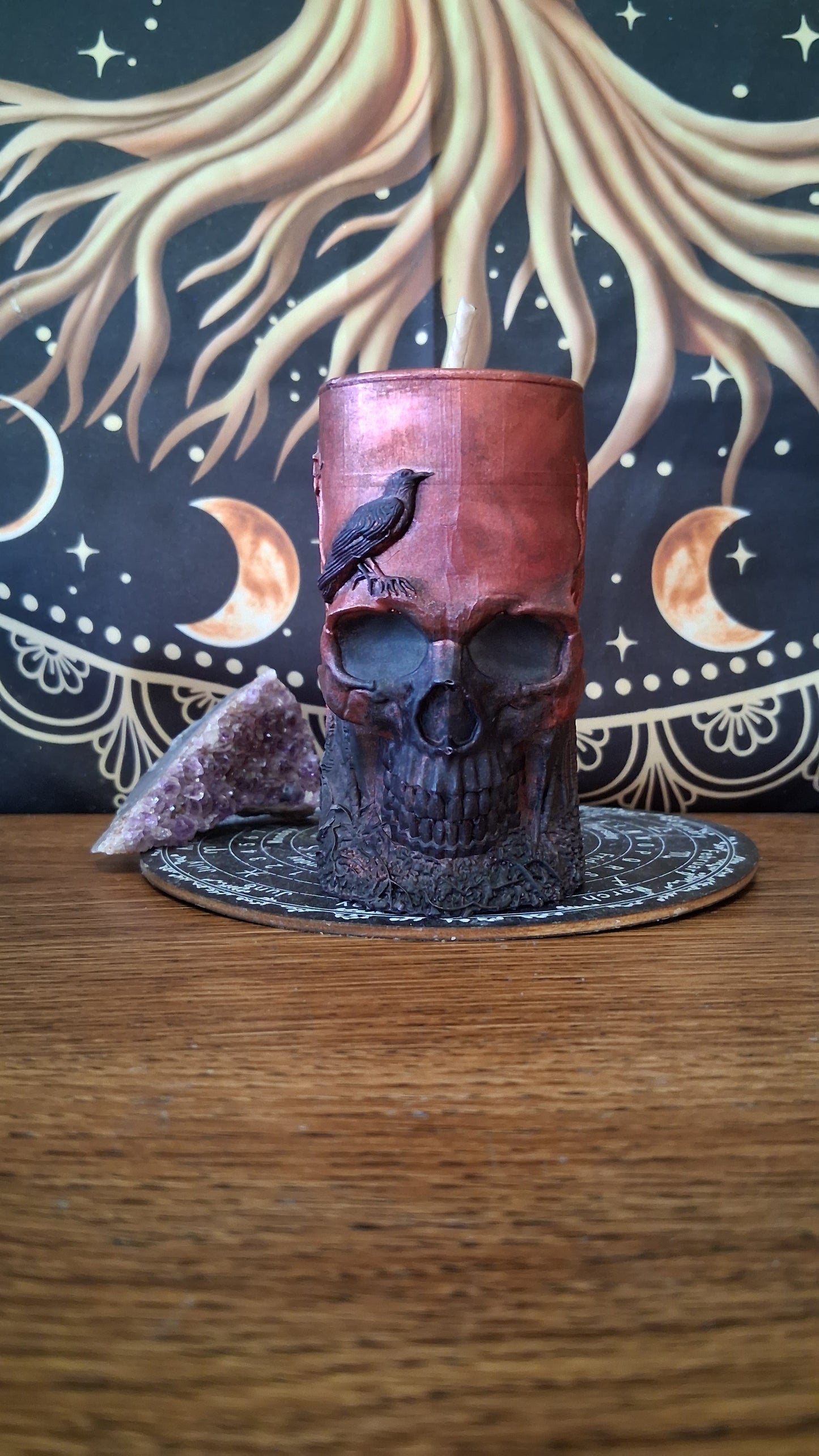 Red and Black Nightshade Elixir Skull and Raven Pillar Candle