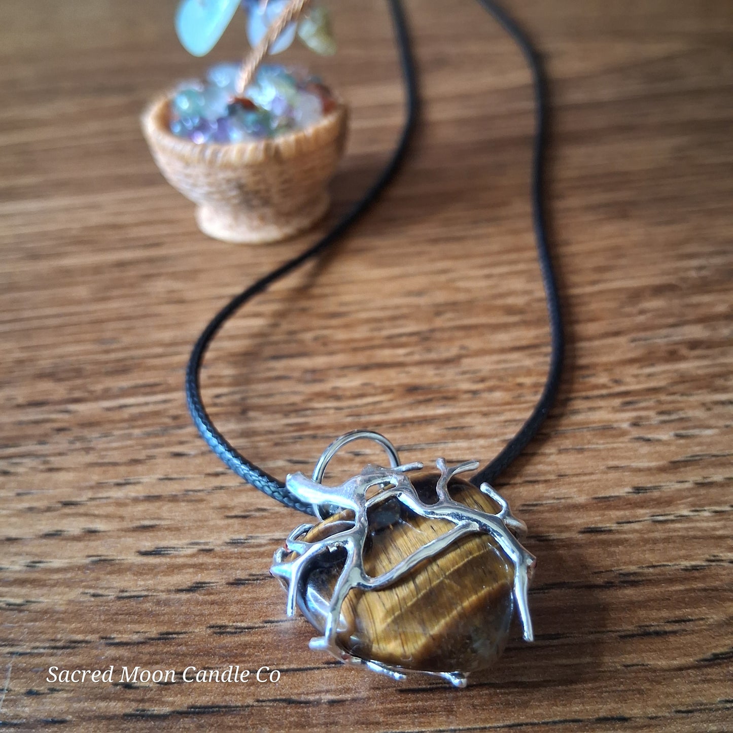 Tigers Eye Tree Branch Wrapped Heart Stone Pendant Necklace