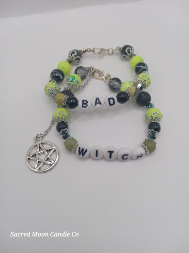 Lime Green Versatile That Witch Bad Witch Good Witch Bracelet Stack with black and green beads and pentagram charm