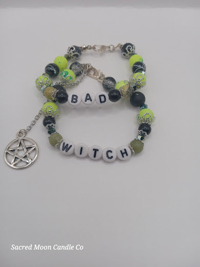 Lime Green Versatile That Witch Bad Witch Good Witch Bracelet Stack with black and green beads and silver pentacle charm