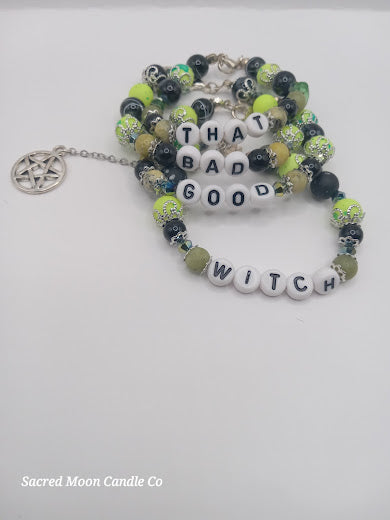 Lime Green Versatile That Witch, Bad Witch, Good Witch Bracelet Stack by Sacred Moon Candle Co with beaded charm and pentagram pendant