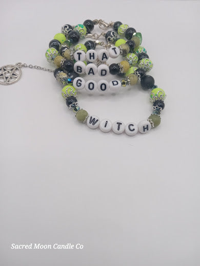 Lime Green Versatile That Witch, Bad Witch, Good Witch Bracelet Stack by Sacred Moon Candle Co with black and green beads