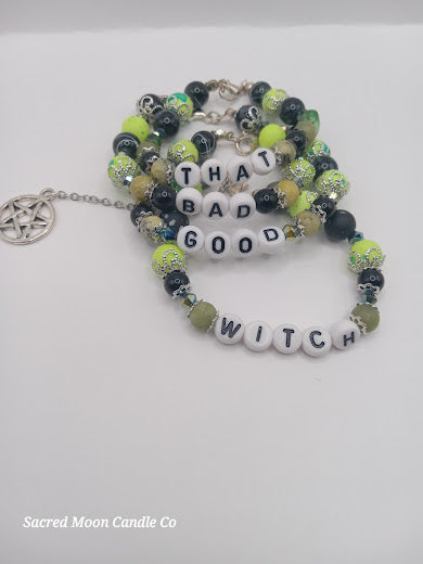 Lime Green Versatile That Witch, Bad Witch, Good Witch Bracelet Stack with mixed beads and pentagram charm