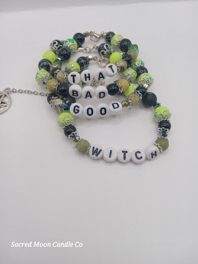 Lime Green Versatile That Witch Bad Witch Good Witch Bracelet Stack by Sacred Moon Candle Co with black and green beads