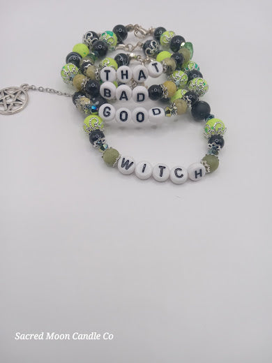 Lime Green Versatile That Witch, Bad Witch, Good Witch Bracelet Stack with black and green beads from Sacred Moon Candle Co
