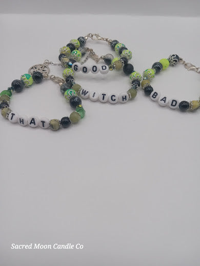 Lime Green Versatile That Witch Bad Witch Good Witch Bracelet Stack by Sacred Moon Candle Co with green and black beads