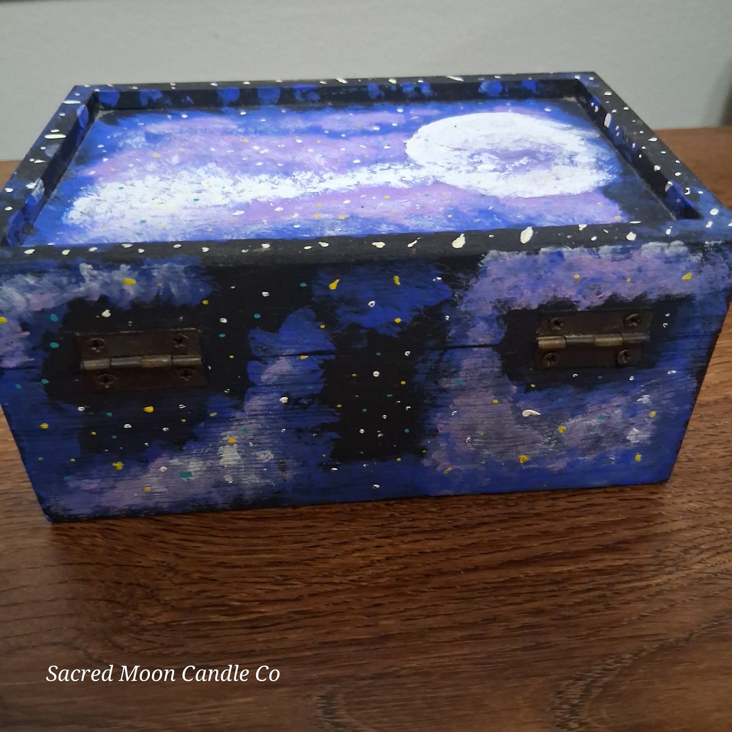 Sacred Moon Candle Co handpainted cosmic apothecary box with purple blue galaxy moon and gold star accents