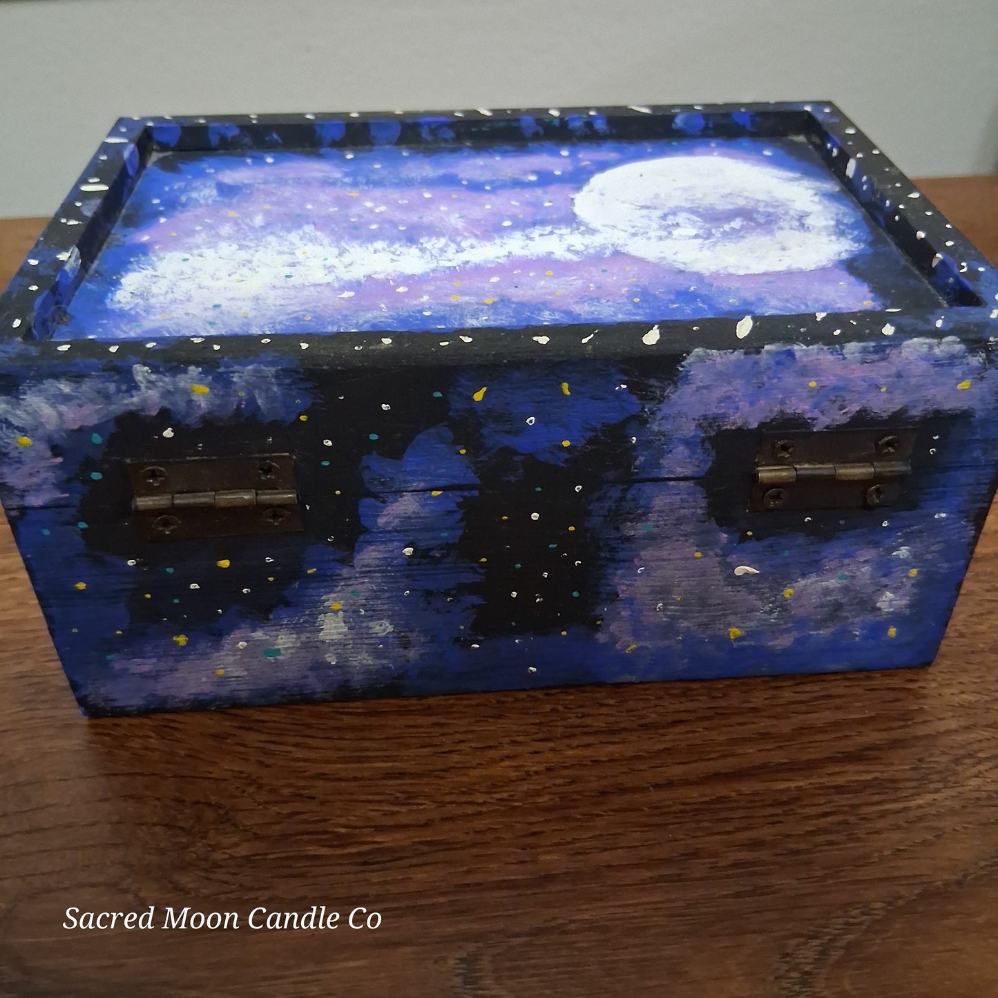 Sacred Moon Candle Co handpainted cosmic apothecary box with moon and starry purple blue galaxy design and brass hinges