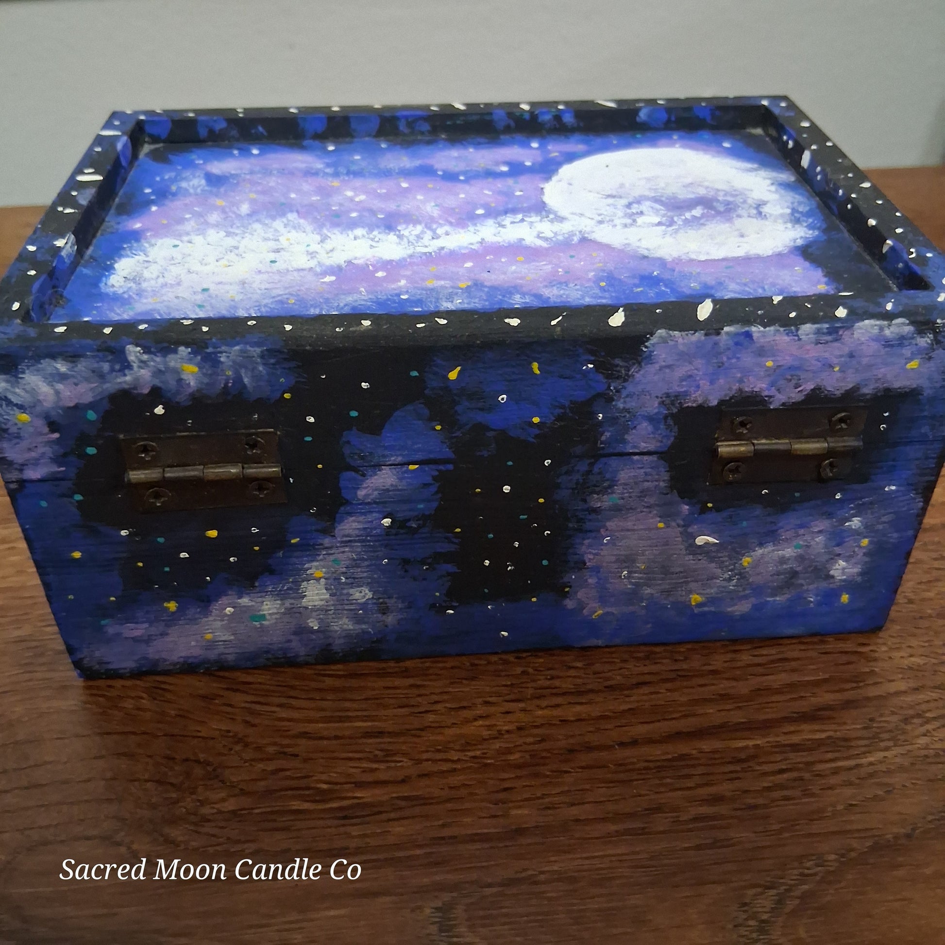 Sacred Moon Candle Co handpainted cosmic apothecary box with moon and starry purple blue galaxy design and brass hinges